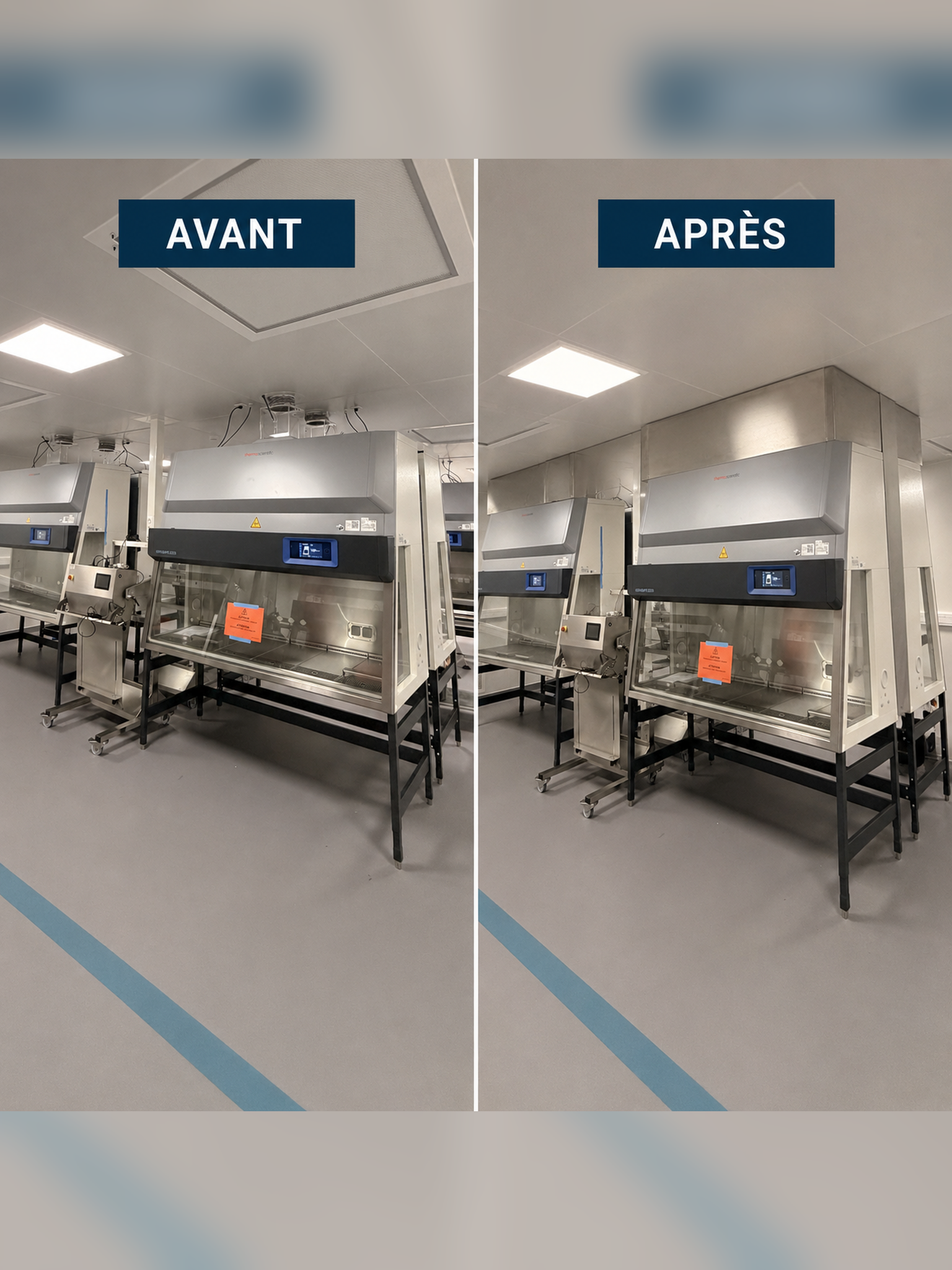Comparatif avant et apr&egrave;s l&rsquo;installation par Mecalab d&rsquo;habillages inox autour de hottes, montrant la suppression des espaces ouverts jusqu&rsquo;au plafond.