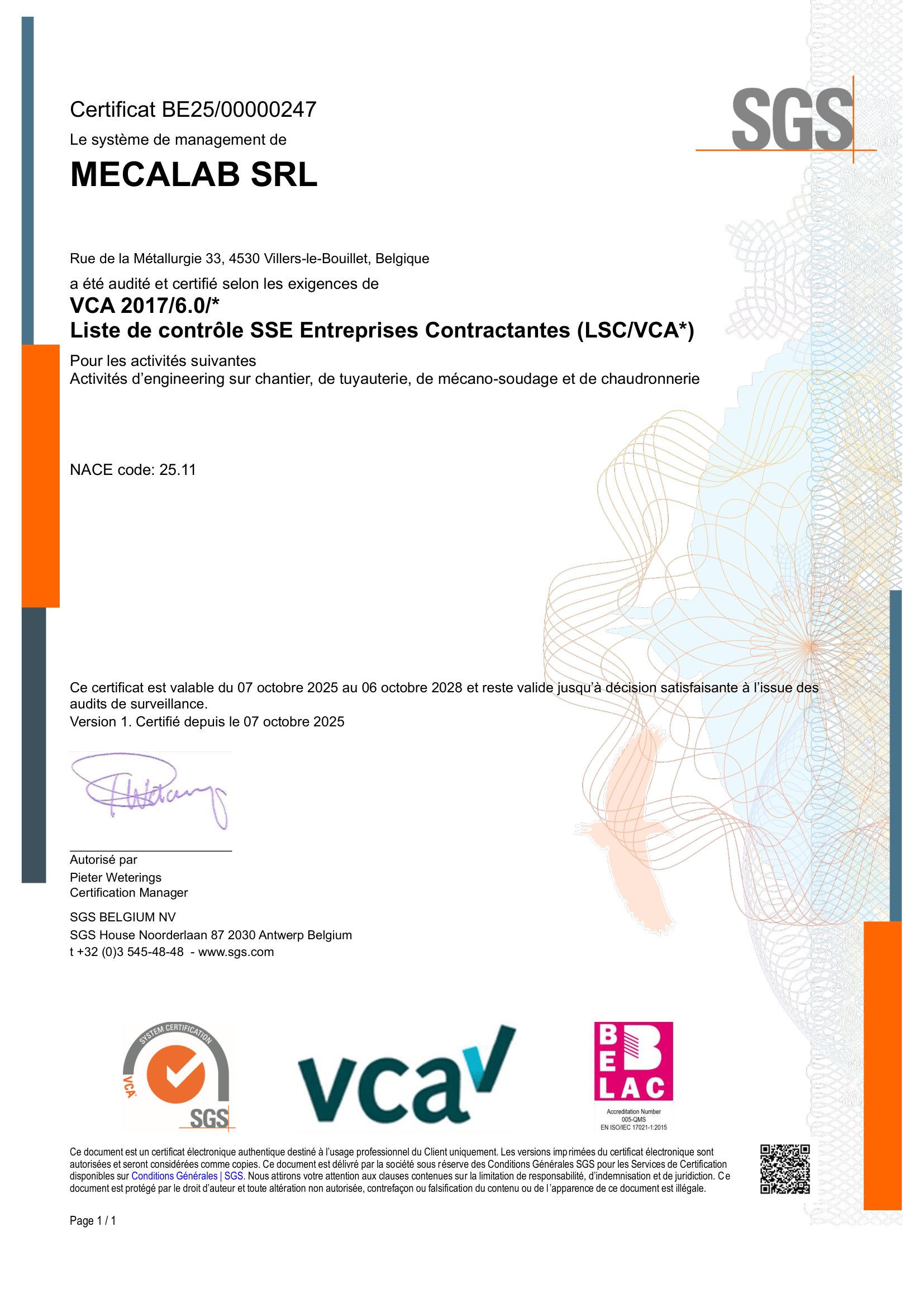 Certificat VCA* de Mecalab attestant l'engagement de l'entreprise en matière de sécurité, santé et environnement sur ses chantiers industriels